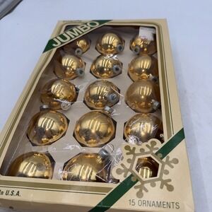 Vintage Pyramid Jumbo Glass Christmas Ornaments Box of 15 USA Gold Rauch
